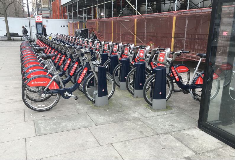 Santander Cycles. Docking station near Old Street, London
