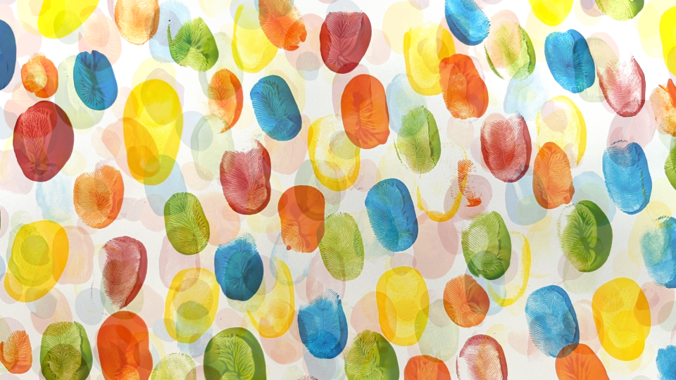 Illustration of fingerprints in lots of primary colours - made with my seven-year-old son – experimenting and getting our hands dirty
